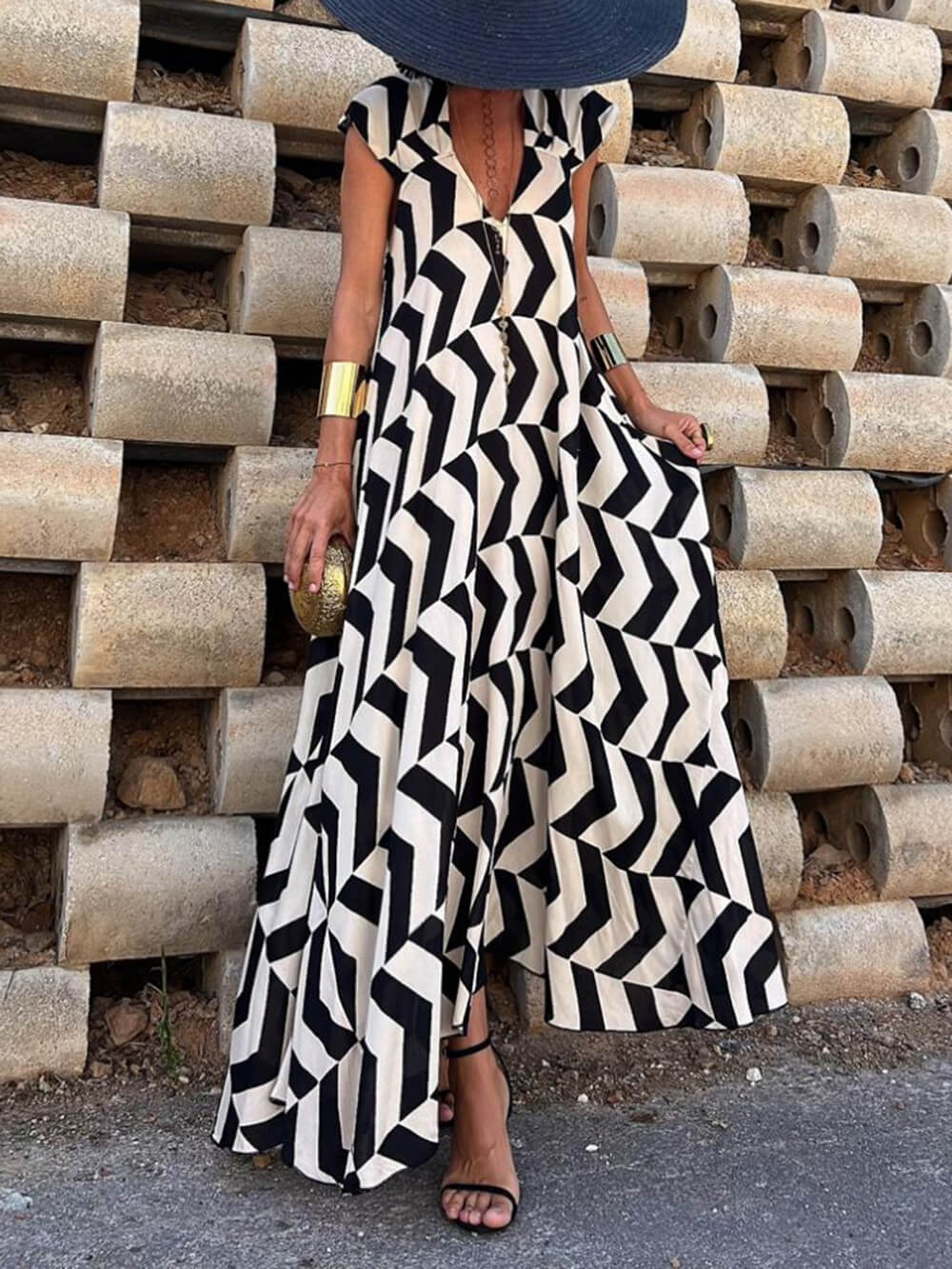 Fresh Unique Ethnic Print Ruffle Sleeve A-line Maxi Dress