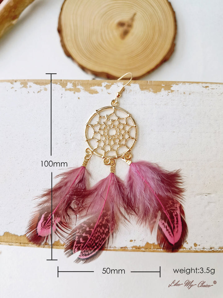 Pendientes largos de plumas atrapasueños estilo boho