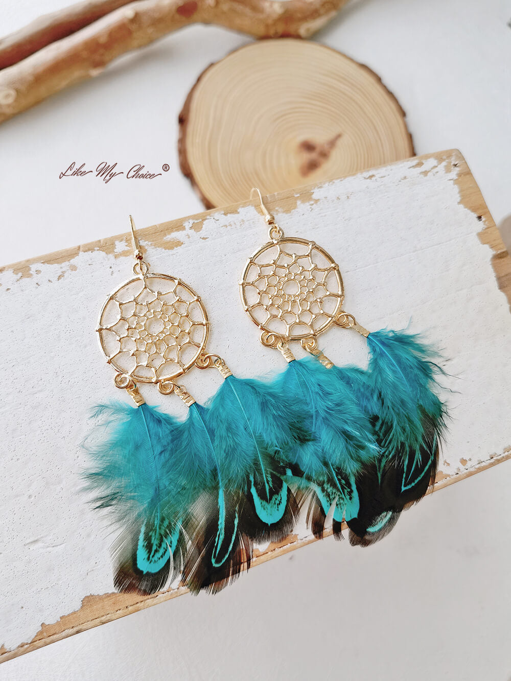 Pendientes largos de plumas atrapasueños estilo boho