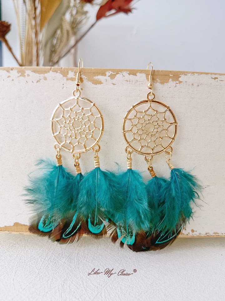 Dlouhé peříčko Dream Catcher Stylové boho náušnice