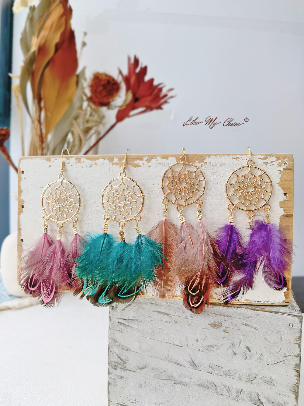 Φτερό Μακρύ Dream Catcher Κομψά Boho Σκουλαρίκια