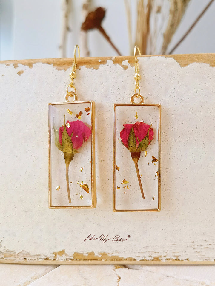 Boucles d'oreilles buton de rose et paillettes