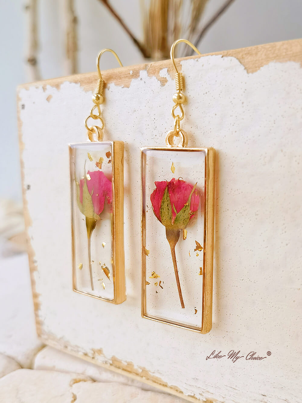 Boucles d'oreilles Bouton de Rose et Paillettes