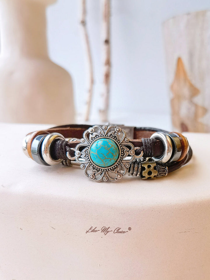 Bracelet Ethnique Bohème Turquoise Chaîne en cuir et élément Totem