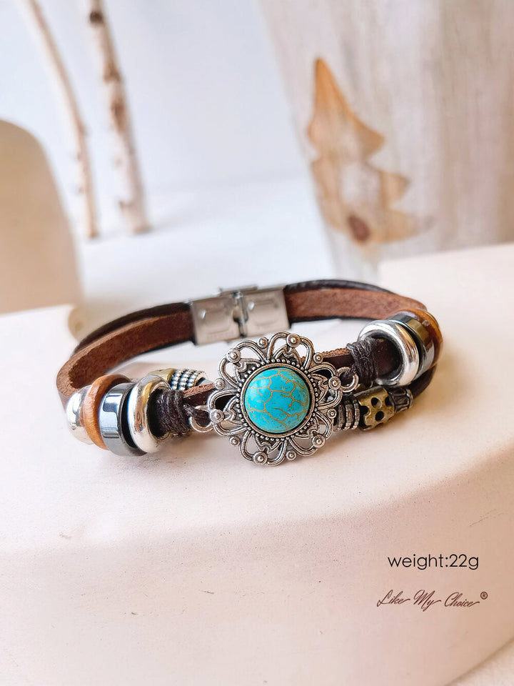 Bracelet Ethnique Bohème Turquoise Chaîne en cuir et élément Totem