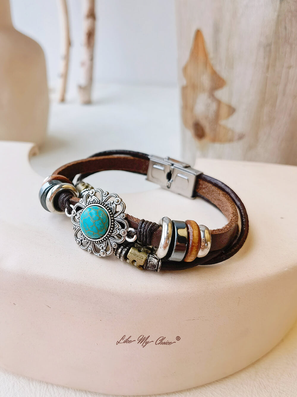 Bracelet Ethnique Bohème Turquoise Chaîne en cuir et élément Totem