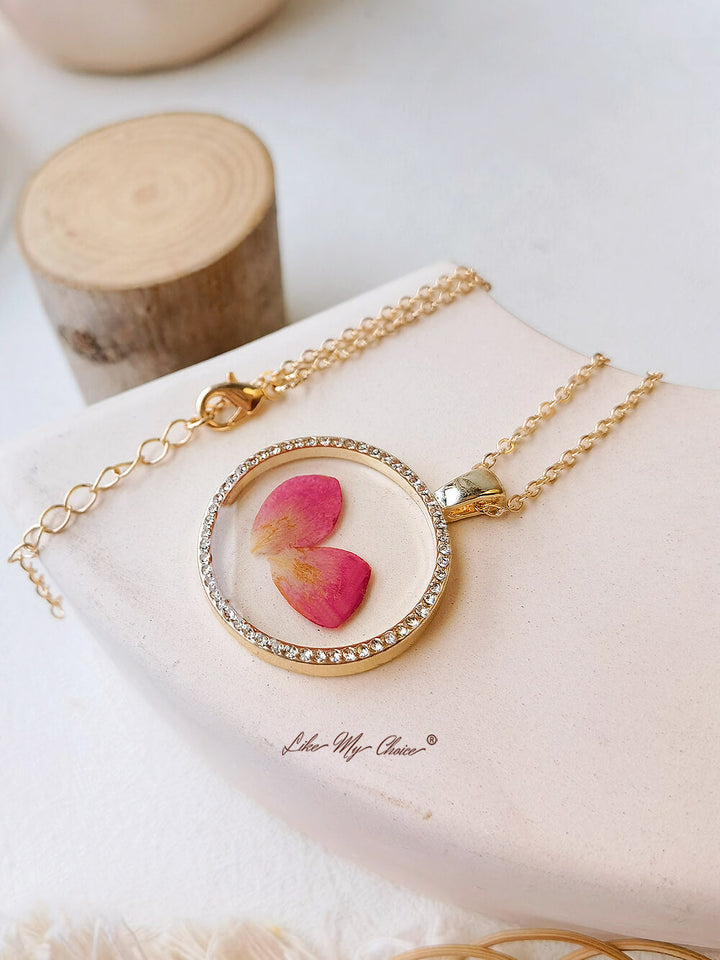 Rose Flower Resin Round Crystal Pendant Necklace