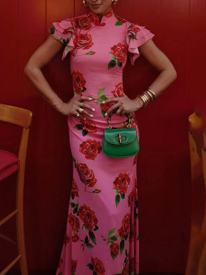 Cheongsam Rose Floral εκτύπωσης κλιμακωτή Flare μανίκι Stretch Maxi φόρεμα