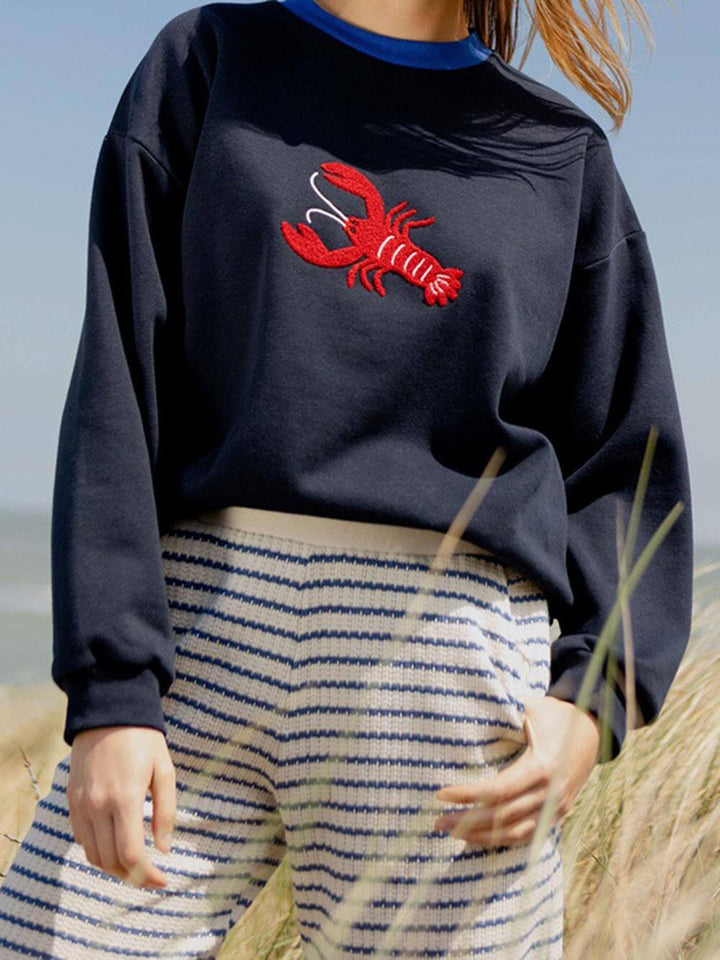 Funny Casual Style Lobster Embroidery Round Neck Sweatshirt