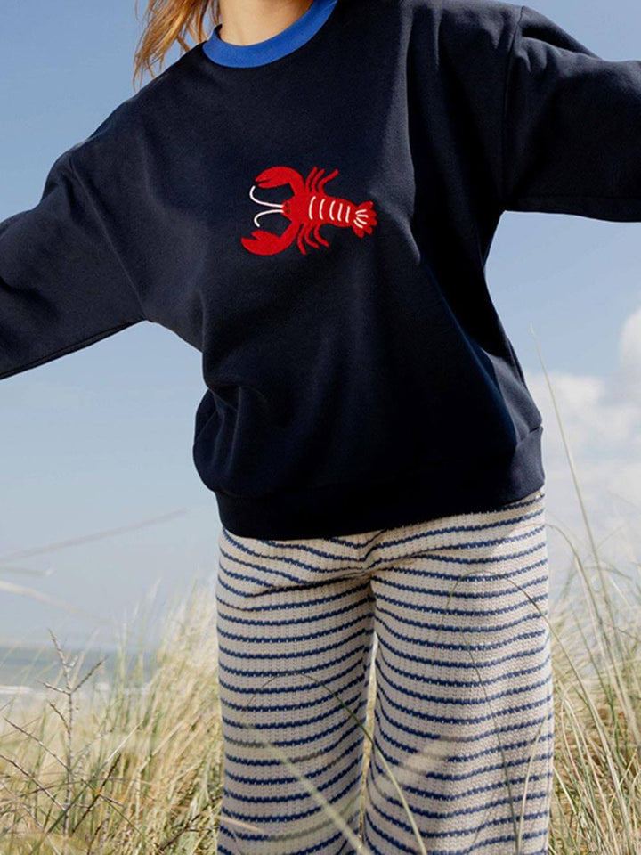 Funny Casual Style Lobster Embroidery Round Neck Sweatshirt