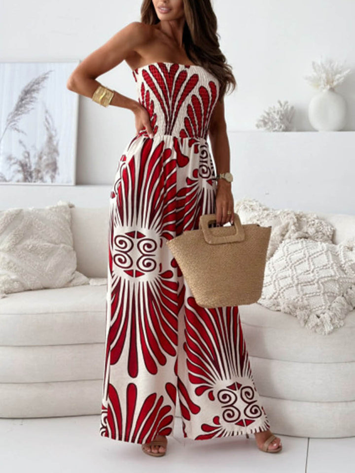 Unique Printed Off-Shoulder Pleated Casual Wide-leg Jumpsuit