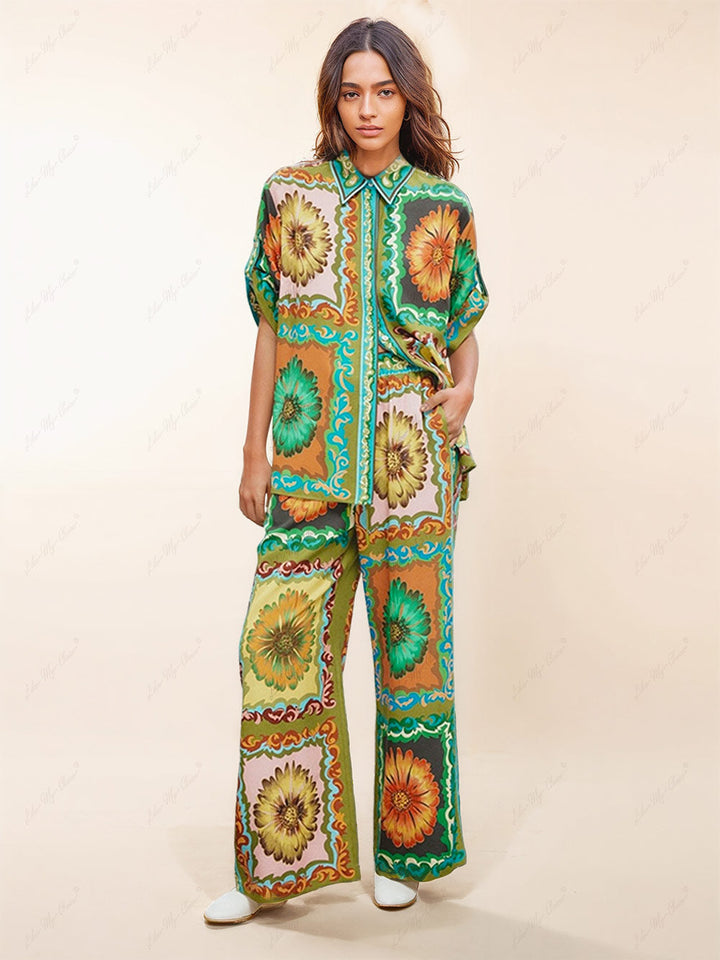 Einzigartige Sunflower Print Hose mit weitem Bein