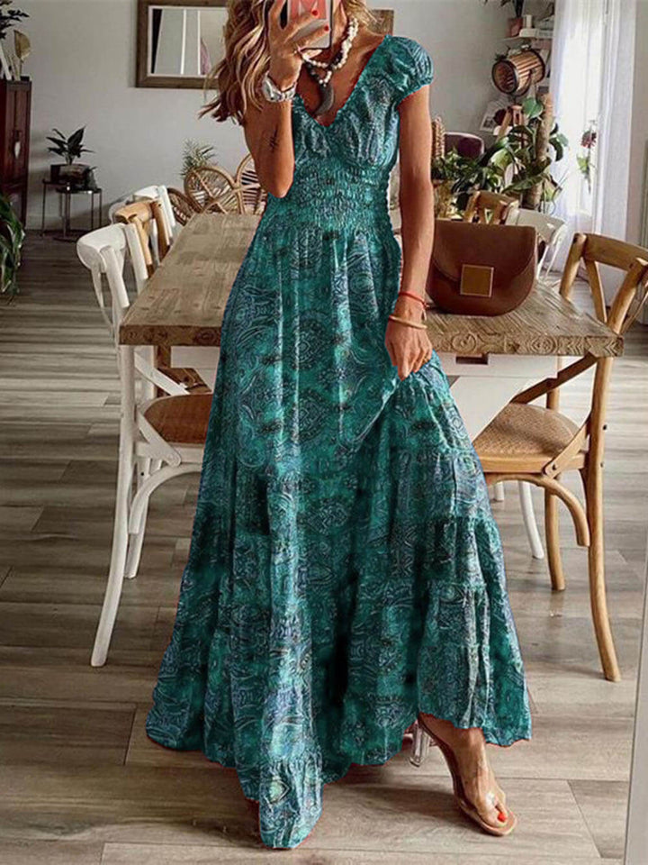 Vestido boémio de cintura subida com estampado floral