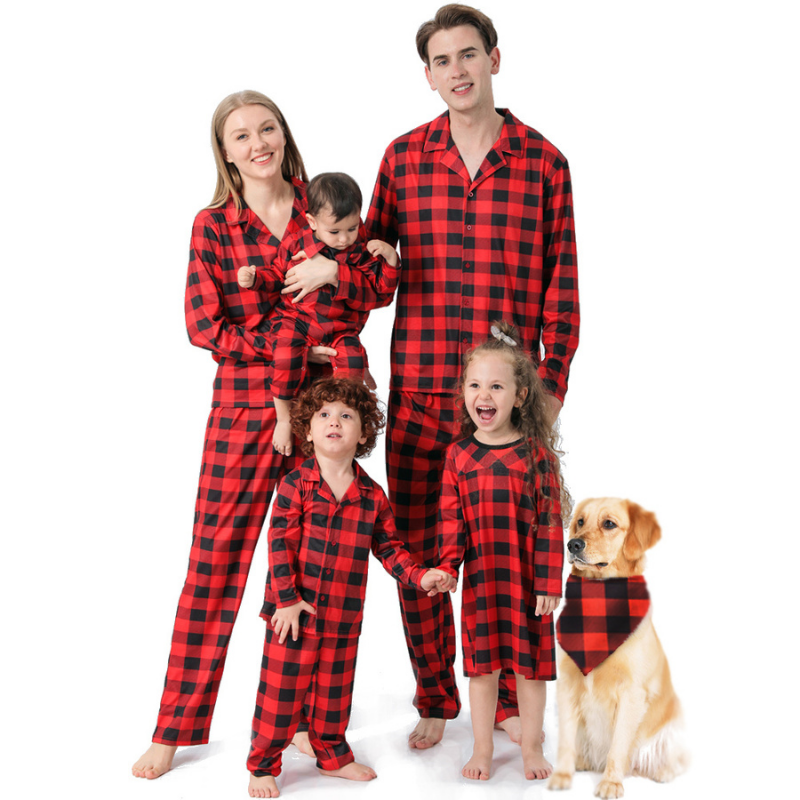 Crăciun Plaid Stand-up Collar Familie Pijama Set