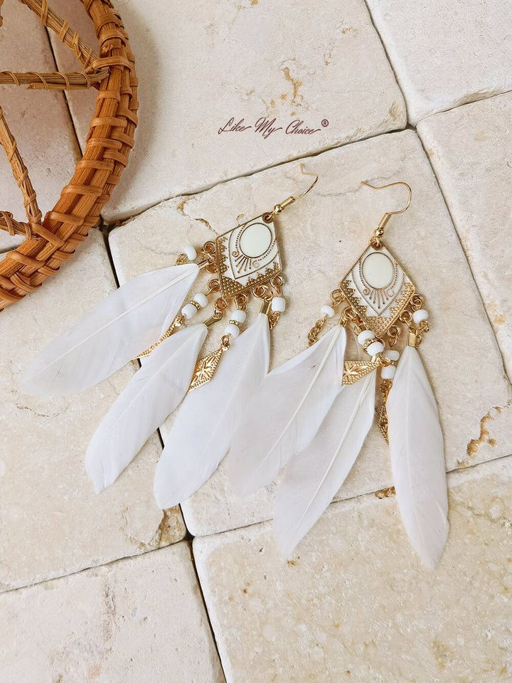 Kolczyki Boho Rhombus Beaded Feather Tassel Long Dangle Earrings