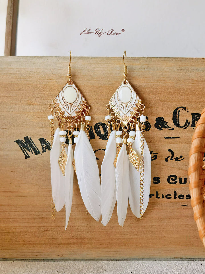 Boho Rhombus Beaded Feather Tassel μακρύ σκουλαρίκια Dangle με χάντρες