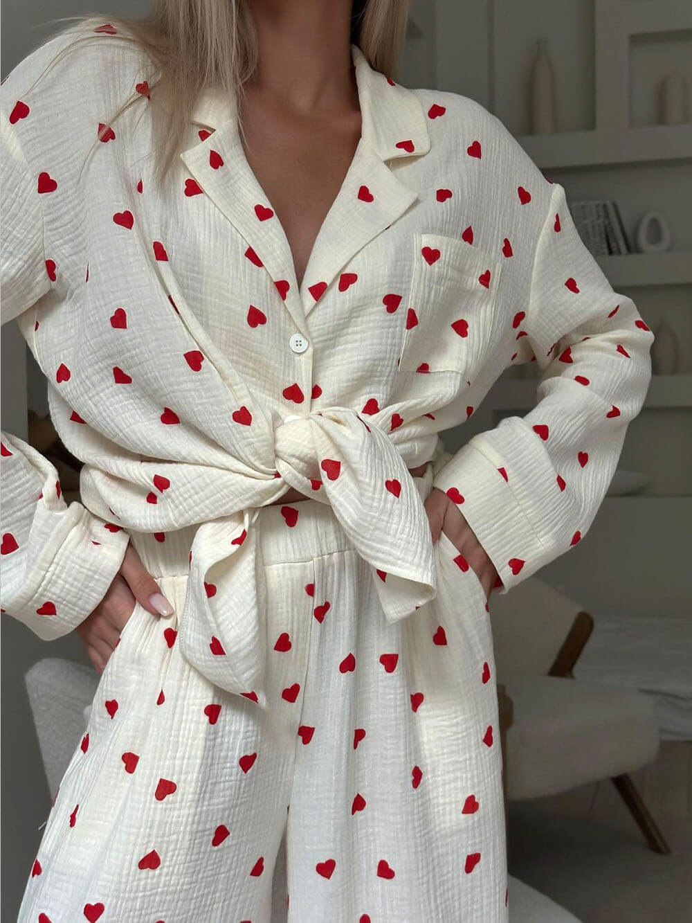 Ensembles de pyjama à chemise boutonnée avec impression de cœur mignon