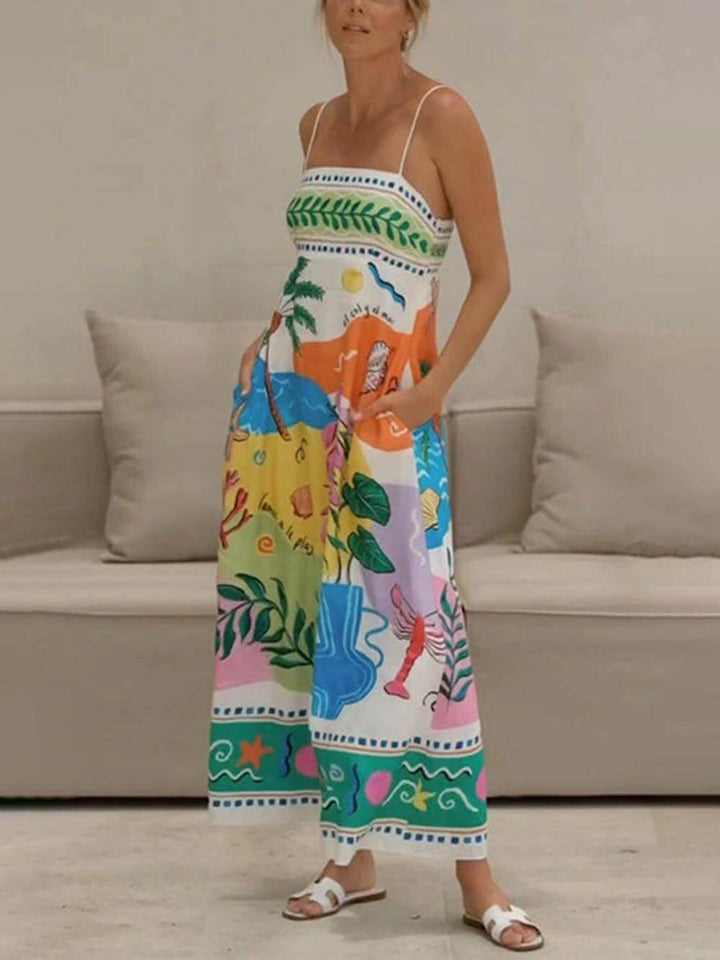 Unique Printed Strapless Sleeveless Resort Style Midi Dress