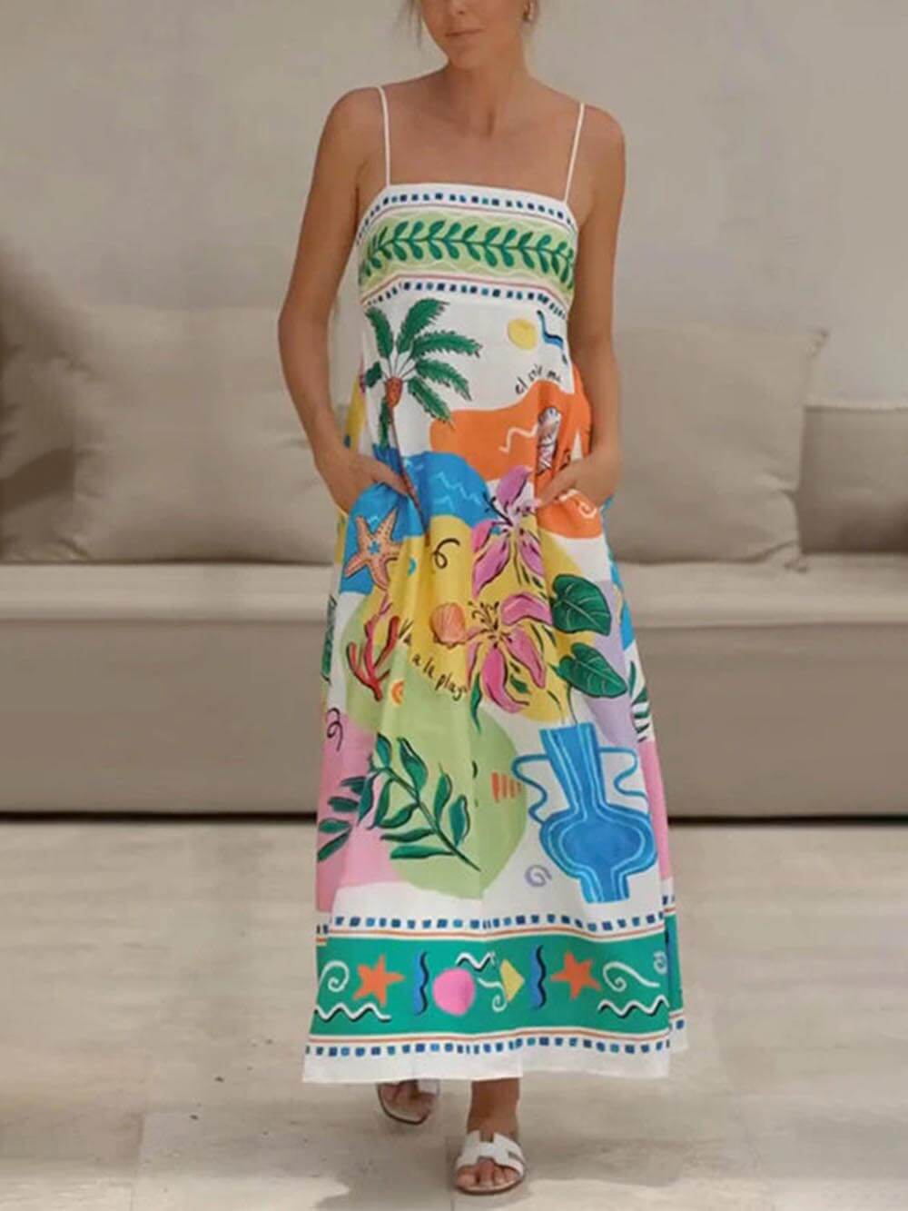 Vestido midi estampado sin mangas estilo resort