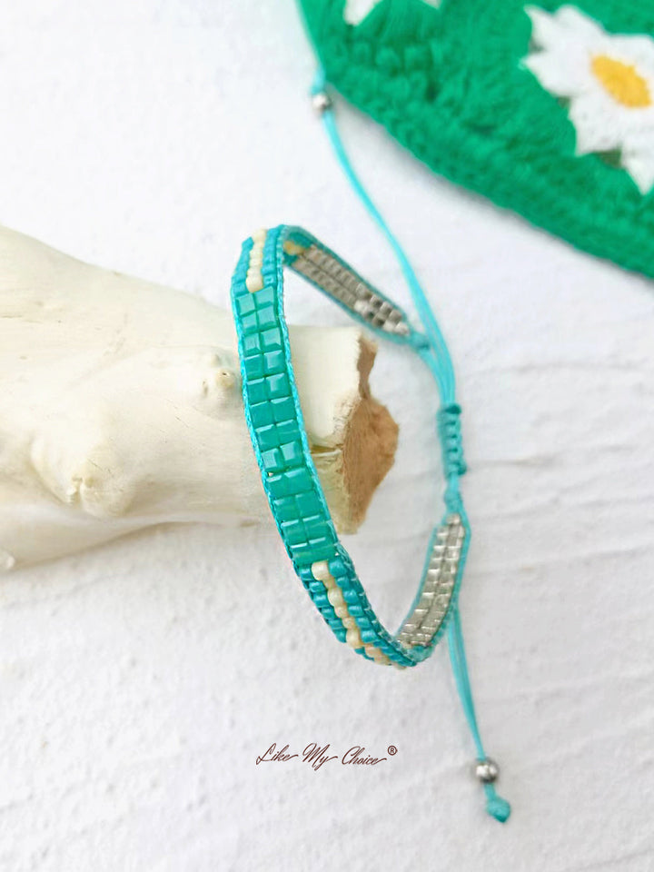 Bracelet réglable en perles avec cordon de serrage Plage Turquoise