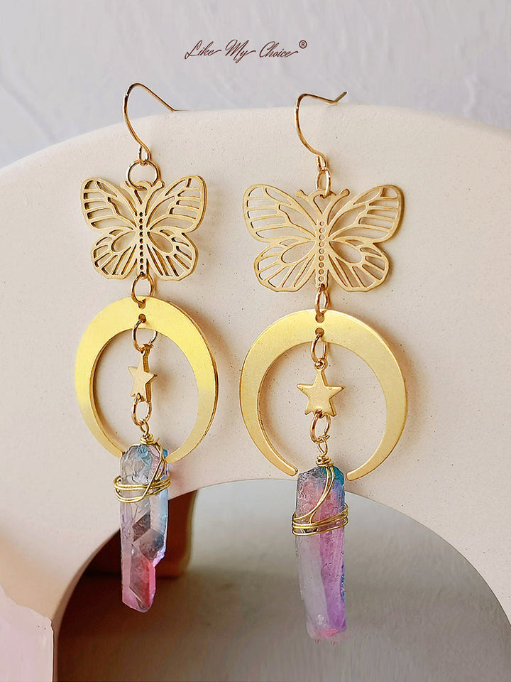 Boucles d'oreilles papillon creuses en cristal naturel