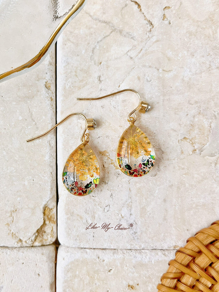 Boucles d'oreilles goutte à goutte en cristal de fleurs séchées