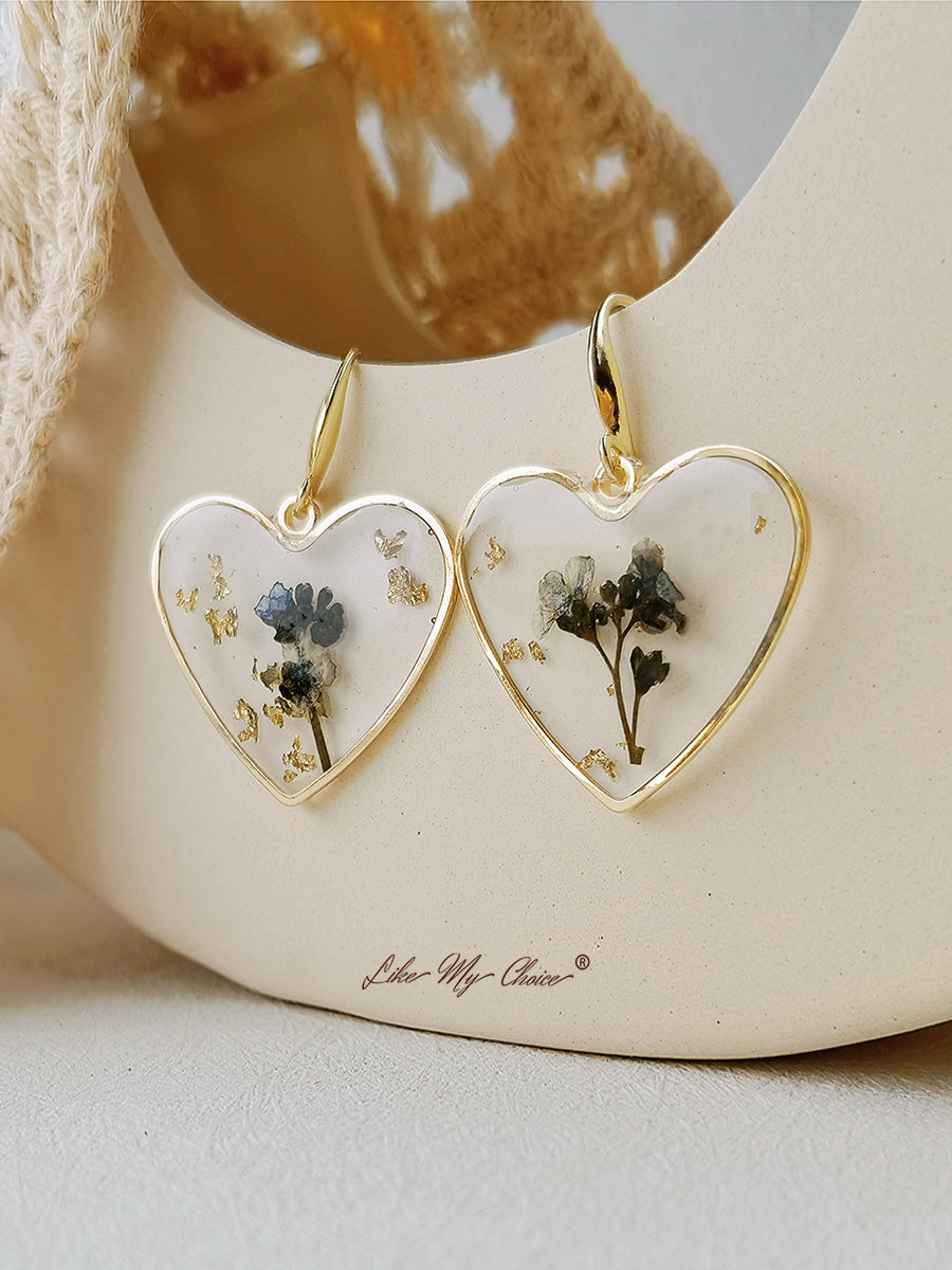 Boucles d'oreilles fleurs pressées - Coeur en résine Fleur séchée