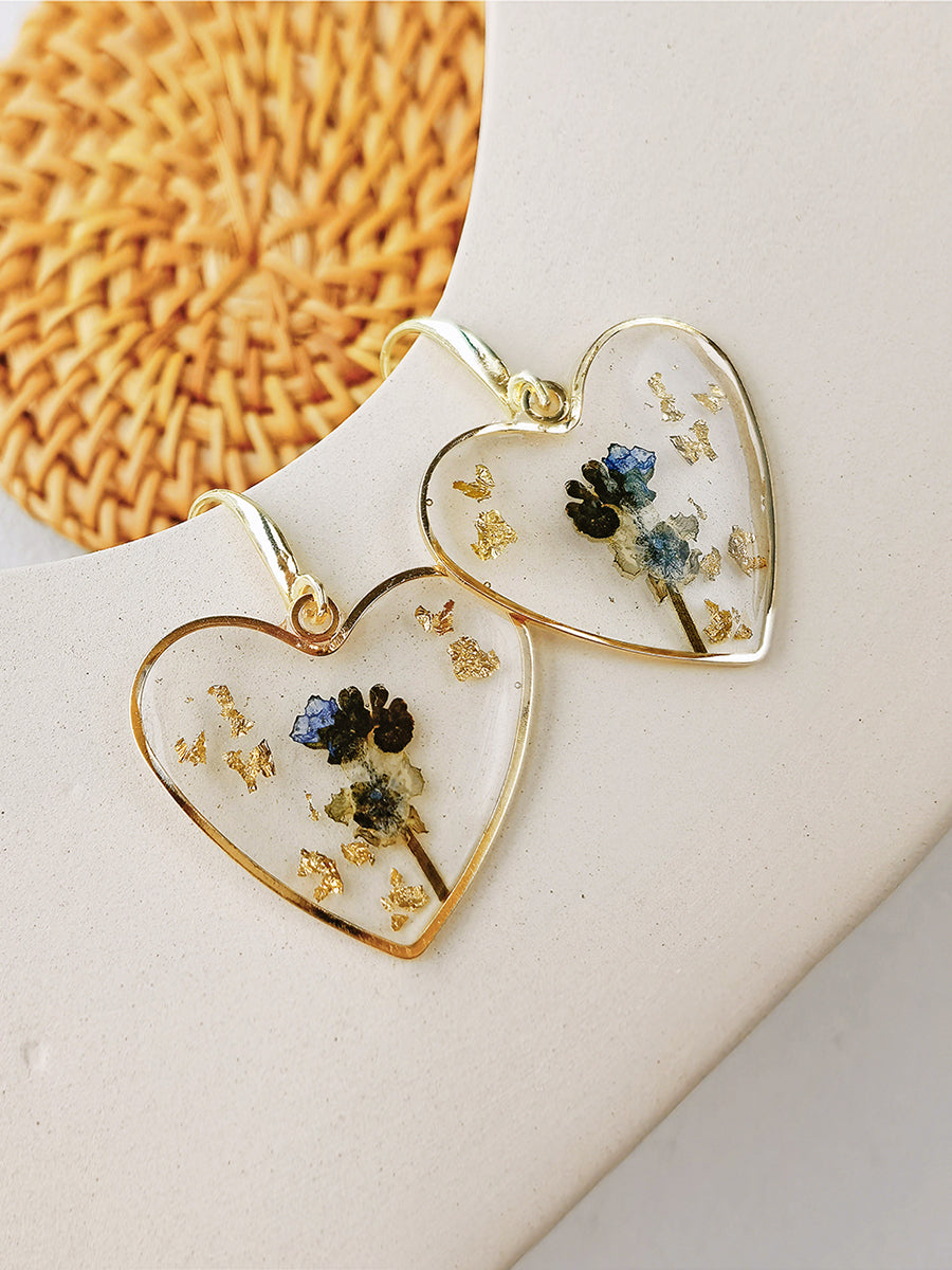 Boucles d'oreilles fleurs pressées - Coeur en résine Fleur séchée