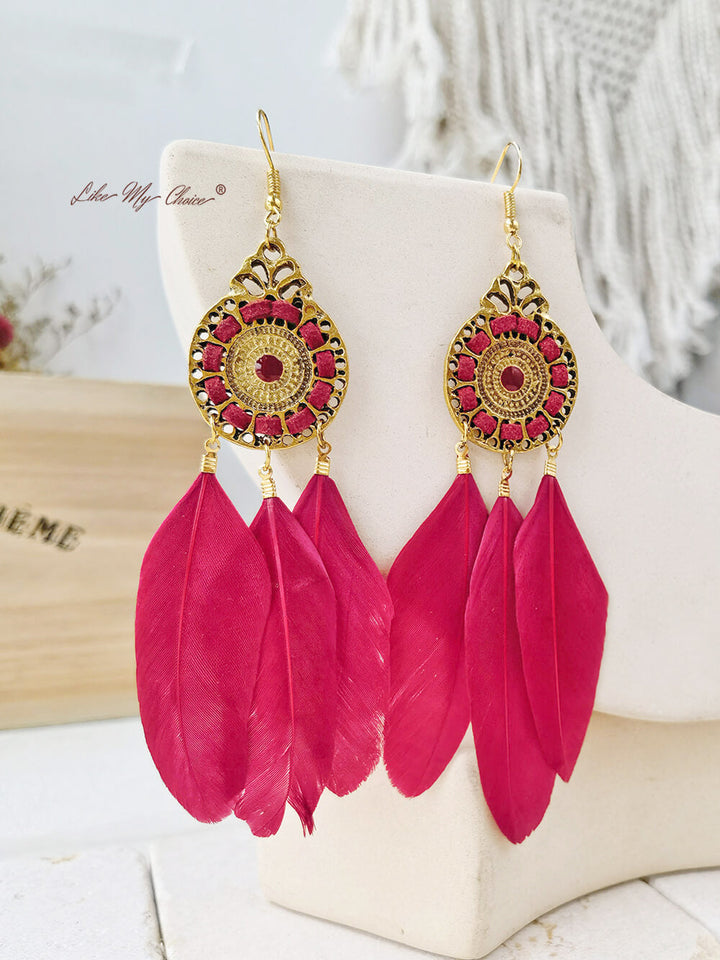 Feather Tassel Handmade Circle Long Earrings Jewelry