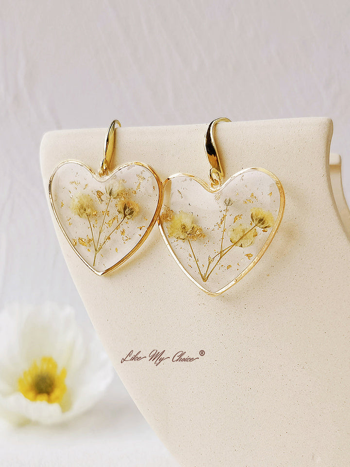 Boucles d'oreilles fleurs pressées - Coeur en résine Fleur séchée