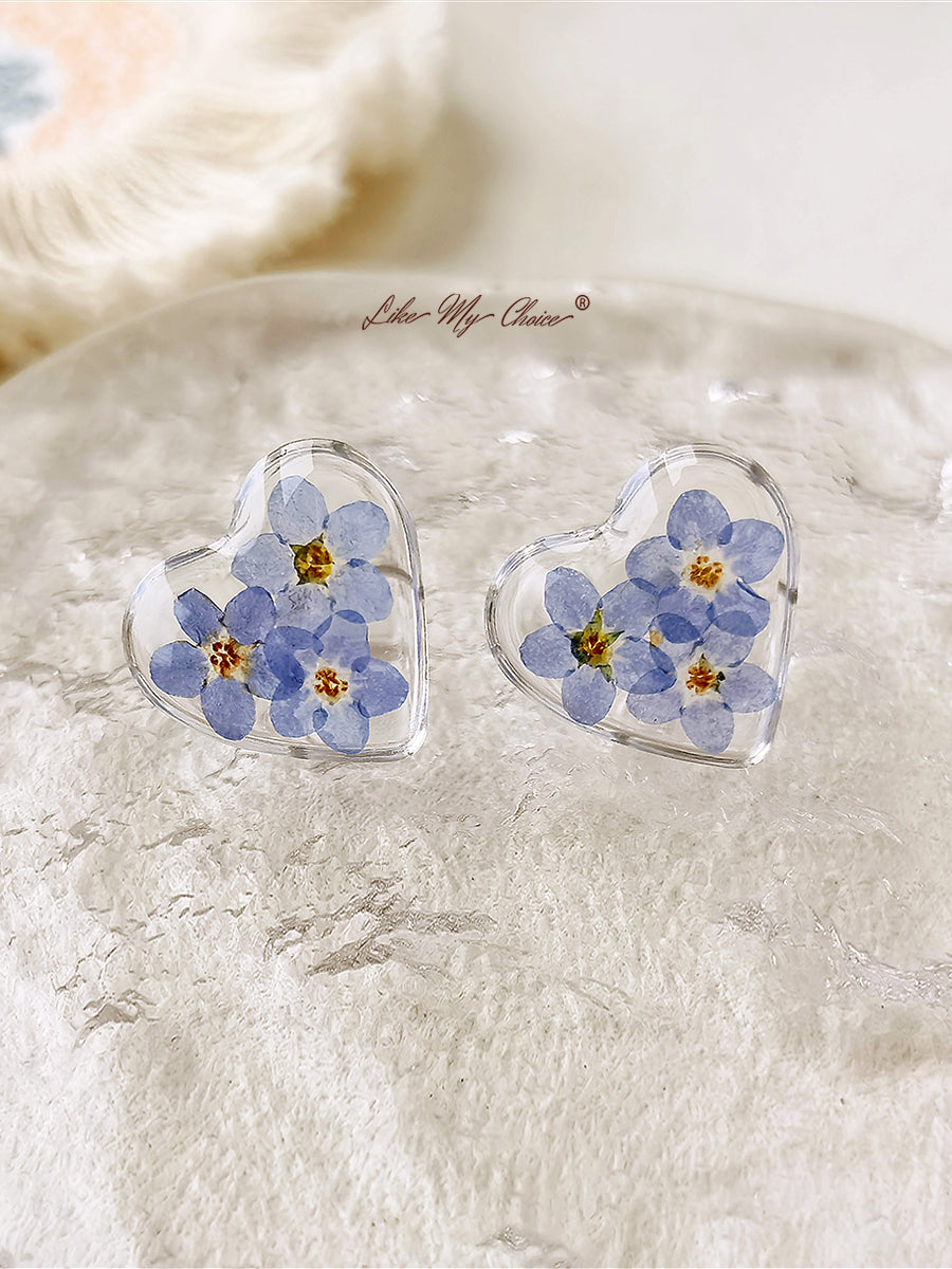 Boucles d'oreilles fleurs pressées - Fleur oubliée en forme de coeur