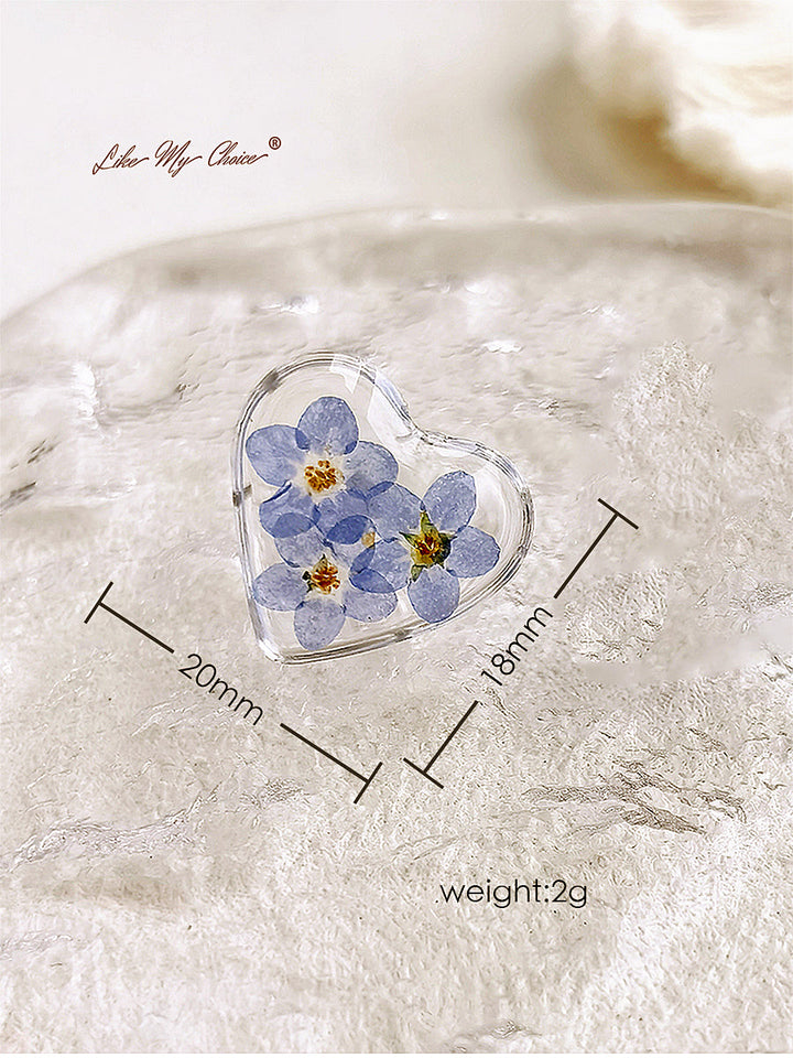 Pressed Flower Earrings - Heart Shaped Forget Me Not Flower