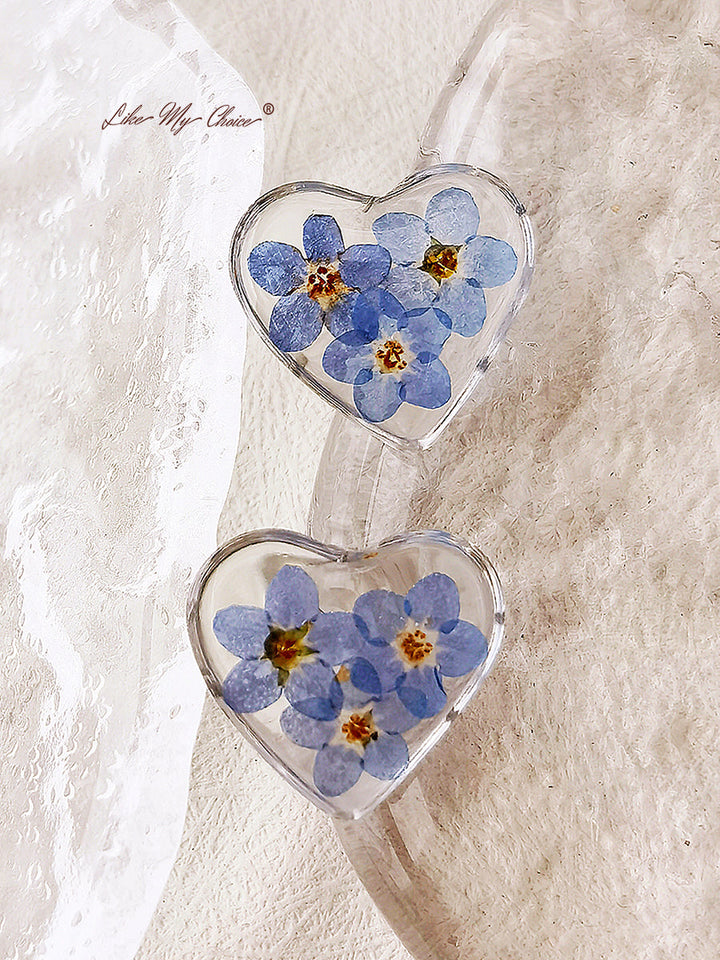 Boucles d'oreilles fleurs pressées - Fleur oubliée en forme de coeur