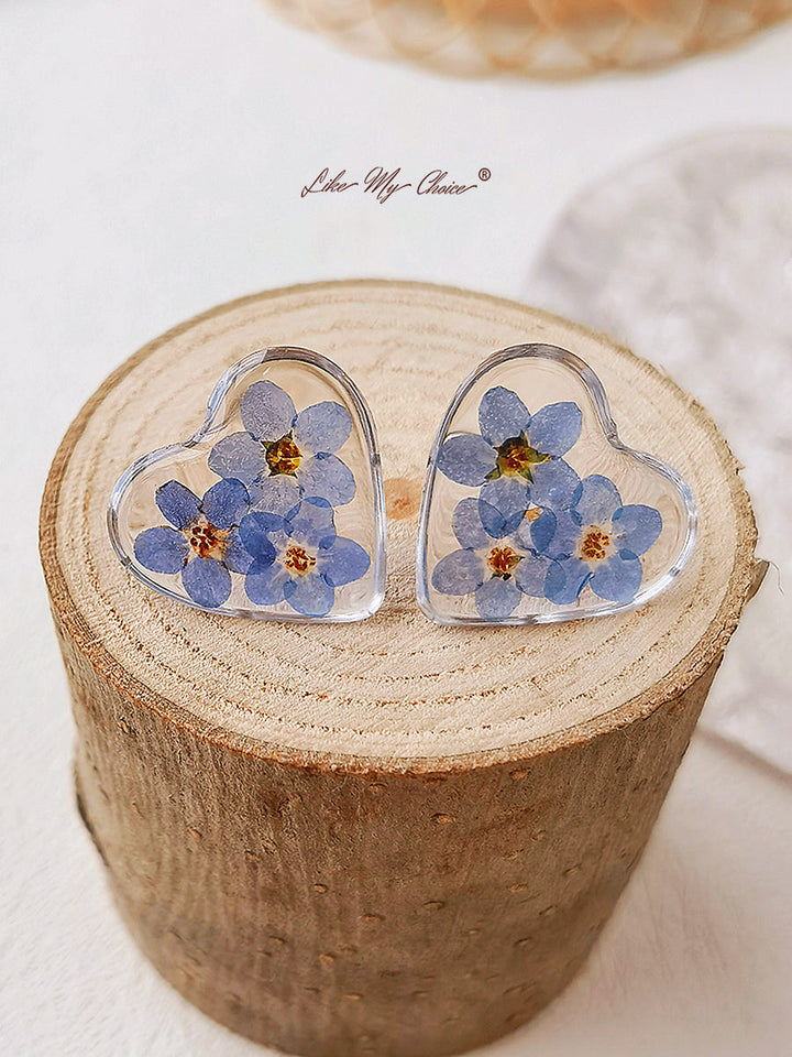 Boucles d'oreilles fleurs pressées - Fleur oubliée en forme de coeur