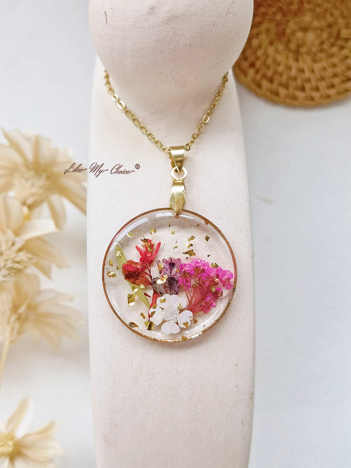 Collares colgantes de resina prensada con ramillete de flores de nacimiento hechos a mano-Flor de abril