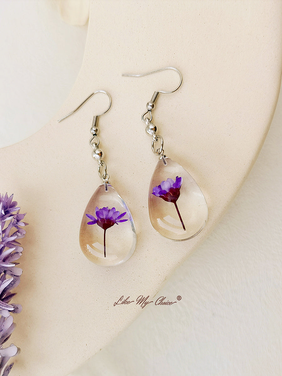 Natural Dahlberg Daisy Dried Flowers of Happiness Water Drop Earrings