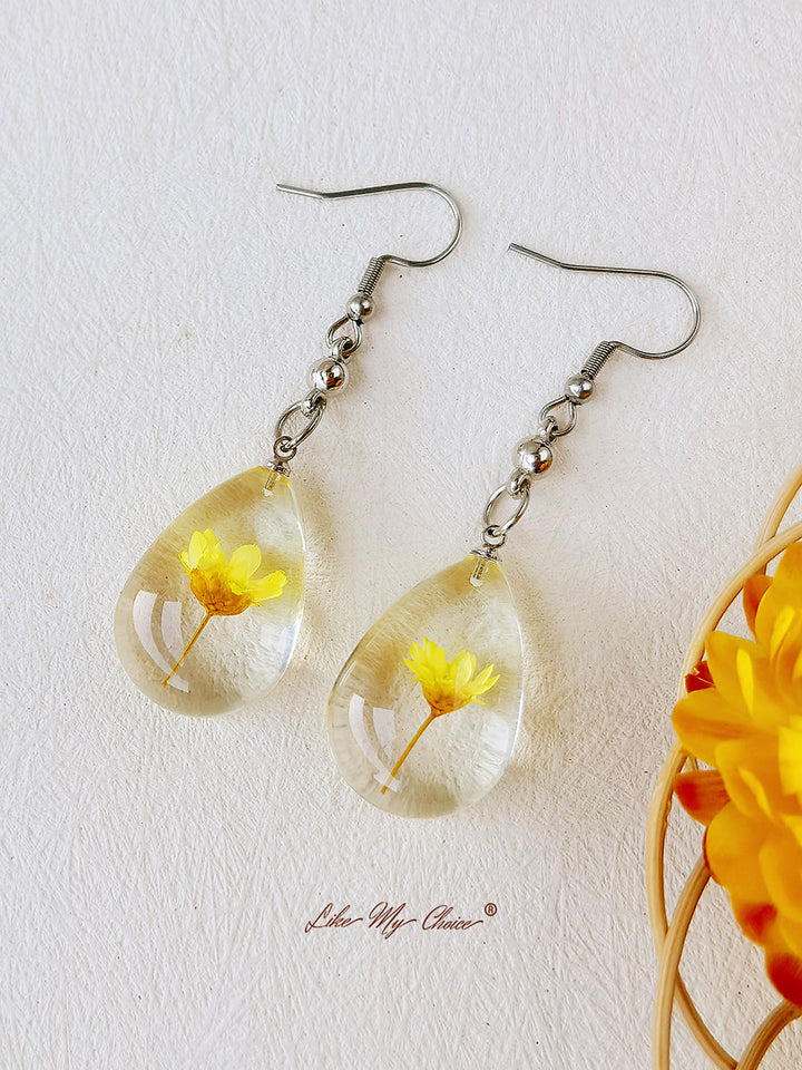 Natural Dahlberg Daisy Dried Flowers of Happiness Water Drop Earrings