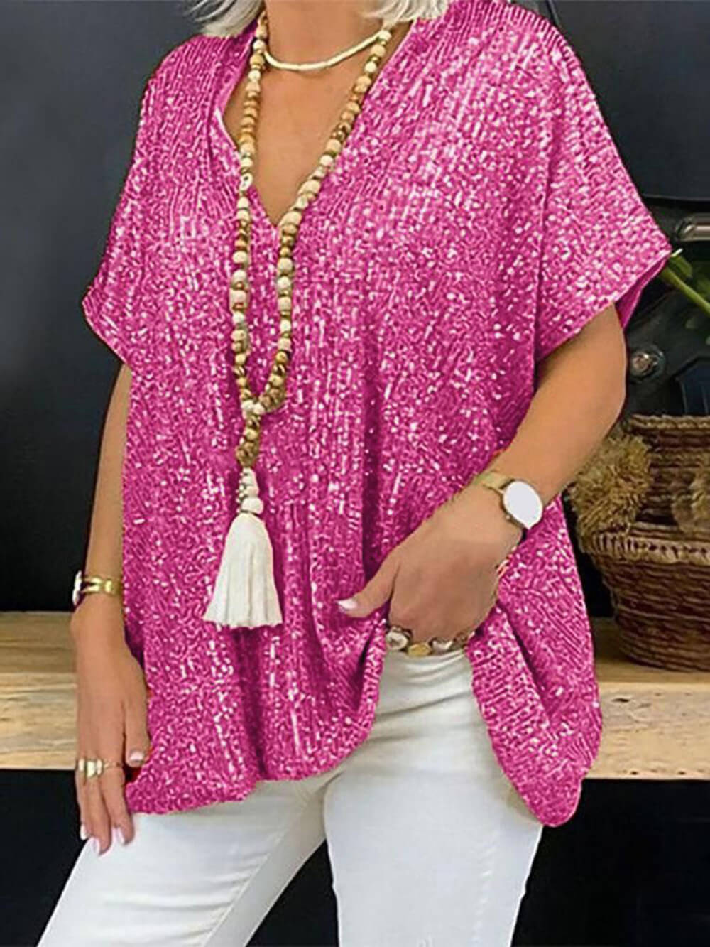 Bohemian Casual χαλαρό πουλόβερ κοντό μανίκι Sequin V-Neck Top