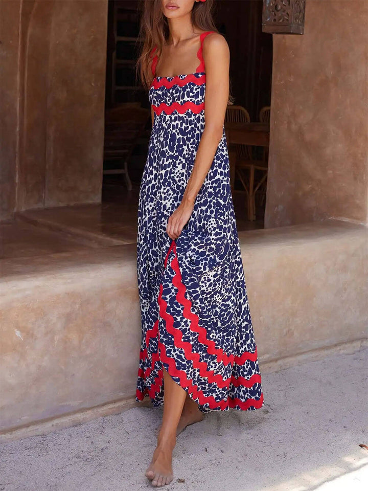 Vestido maxi com estampado de suspensórios