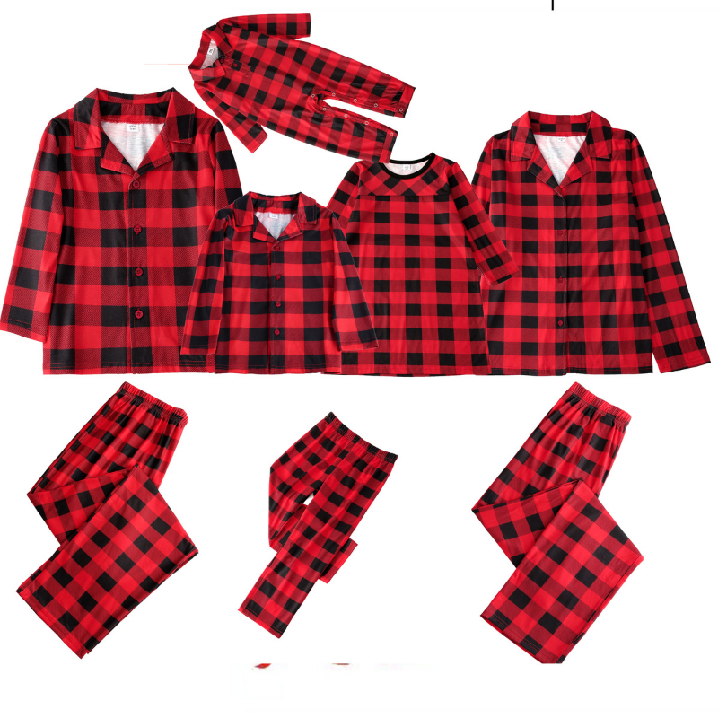 Crăciun Plaid Stand-up Collar Familie Pijama Set