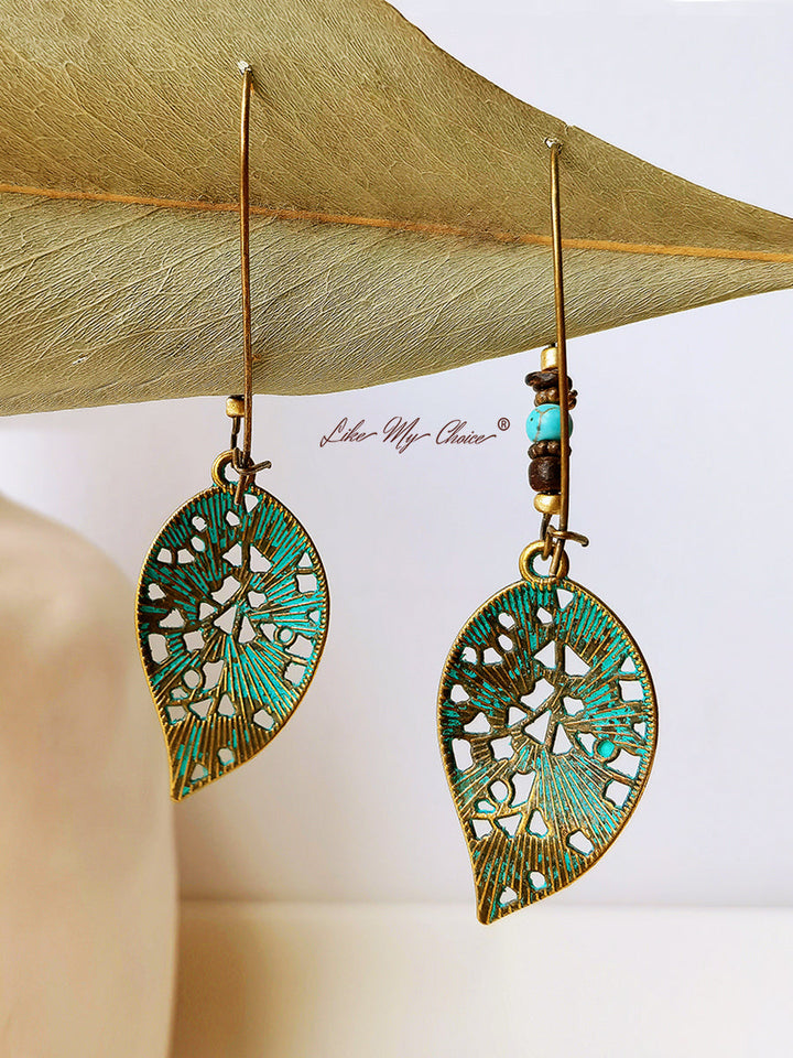 Pendientes boho vintage con gota de hoja hueca