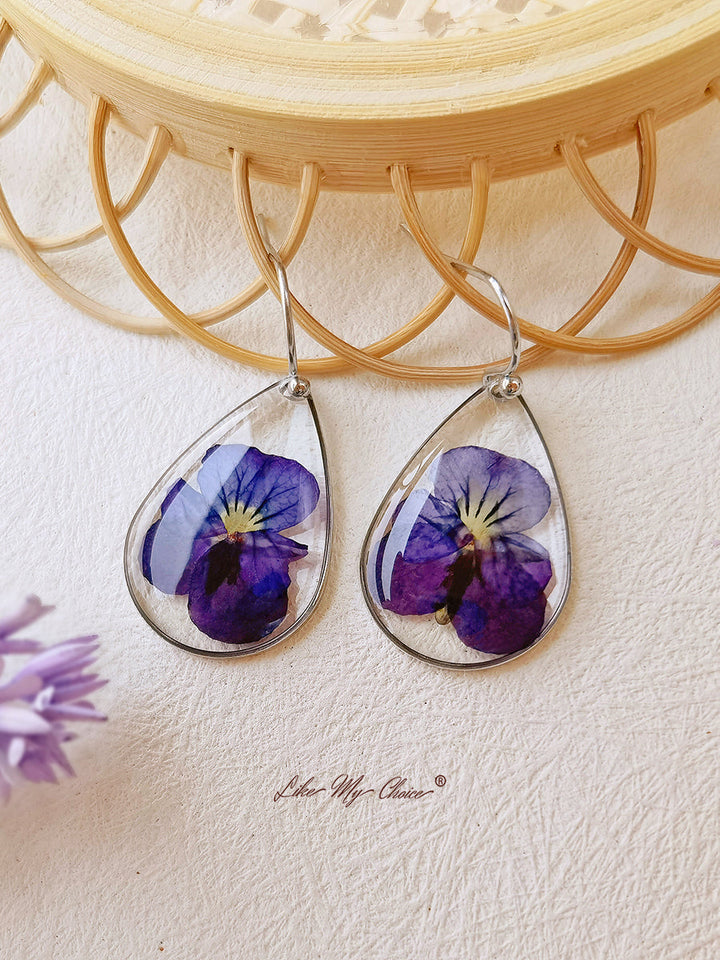 Pendientes flor prensada Violeta Flor de nacimiento de febrero Flor