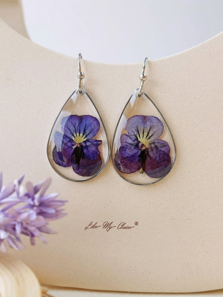 Pendientes flor prensada Violeta Flor de nacimiento de febrero Flor