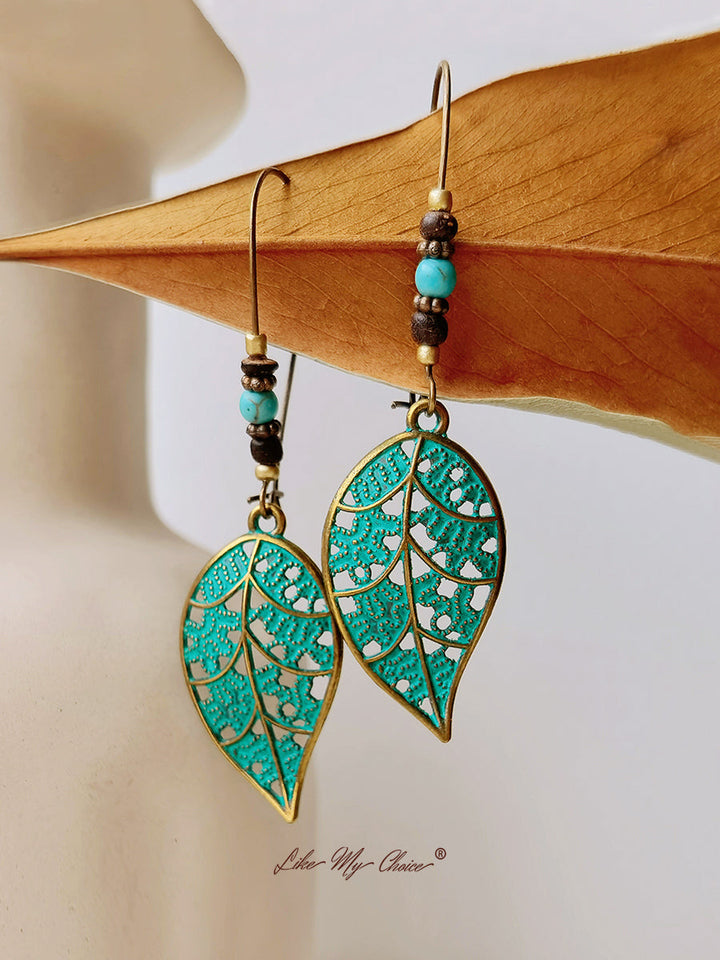 Anting Boho Jatuhkan Daun Berongga Antik