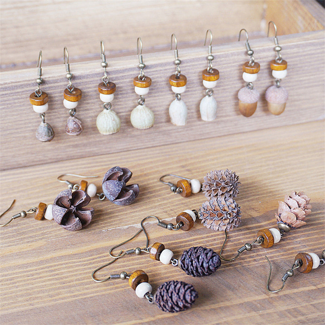 Boucles d'oreilles rétro en bois massif et fruits séchés