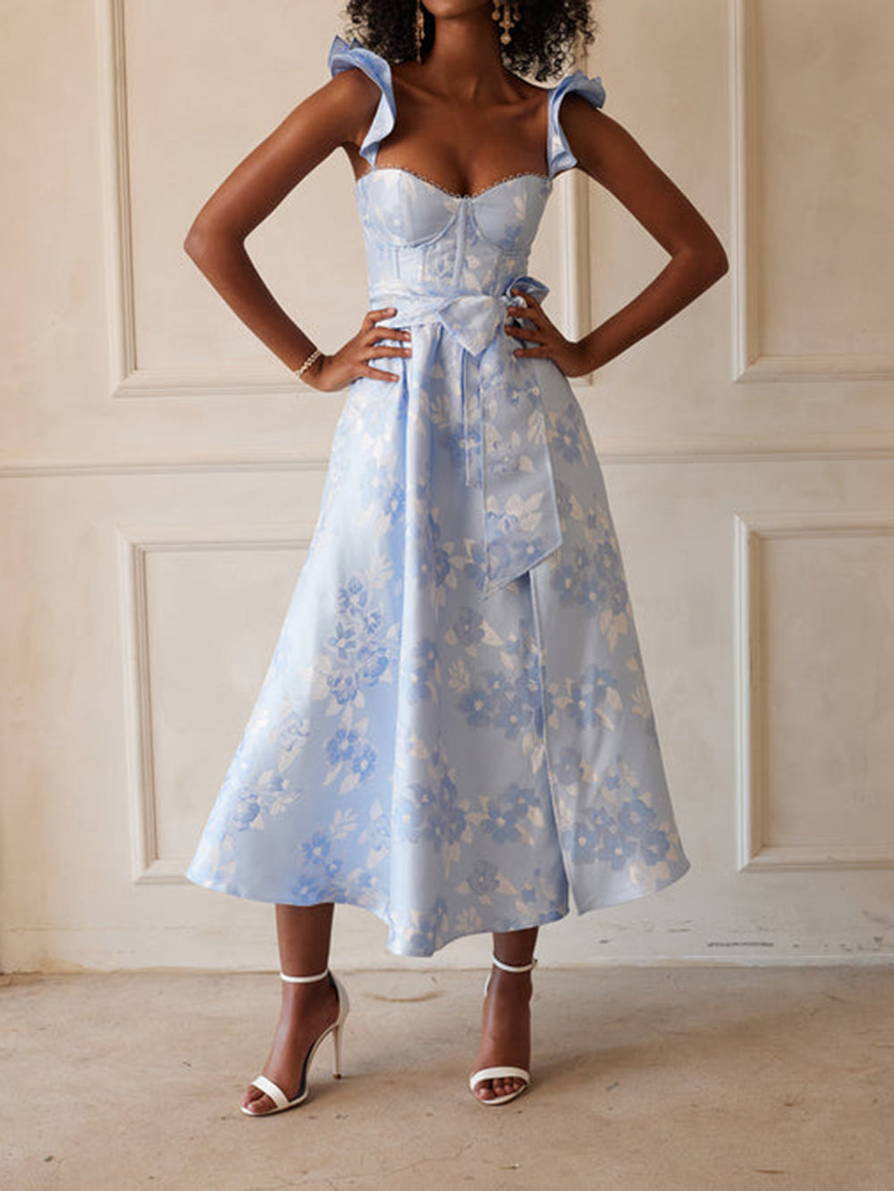 Butterfly Sleeve Printed Waist Tie Rochie