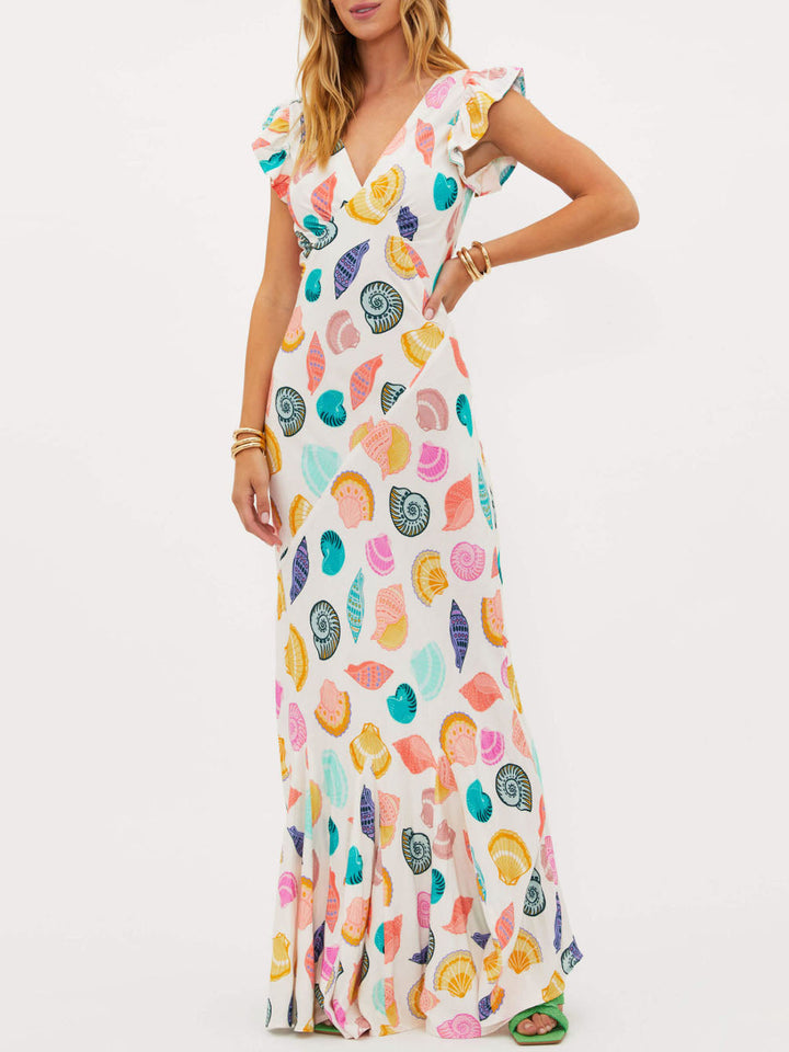 Vestido Maxi com decote em V com estampado de conchas oceânicas