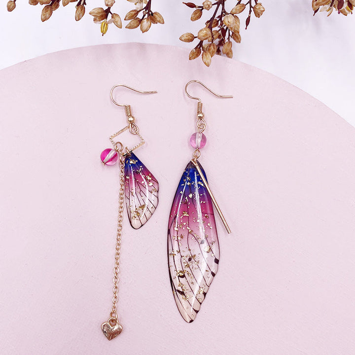 Butterfly Wing Purple Gold Foil Cicada Wing Tassel Earrings