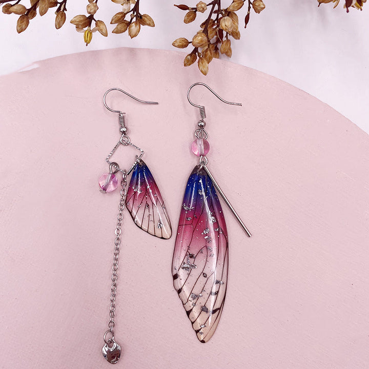 Butterfly Wing Purple Gold Foil Cicada Wing Tassel Earrings