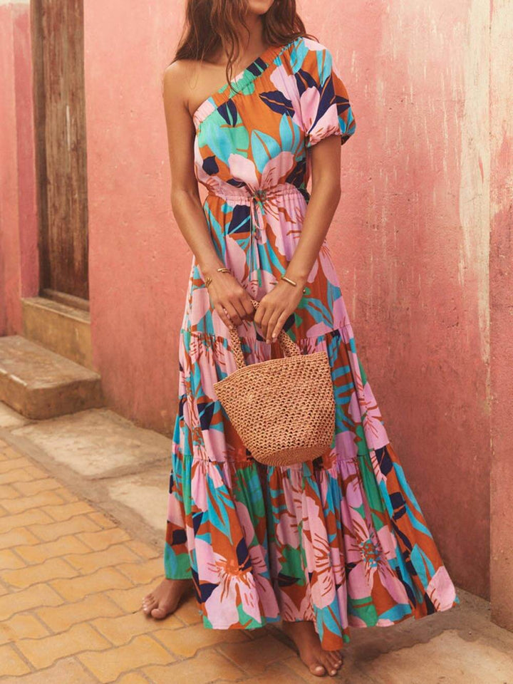 Vestido floral estilo festivo con estampado de hojas de palmera sin hombros